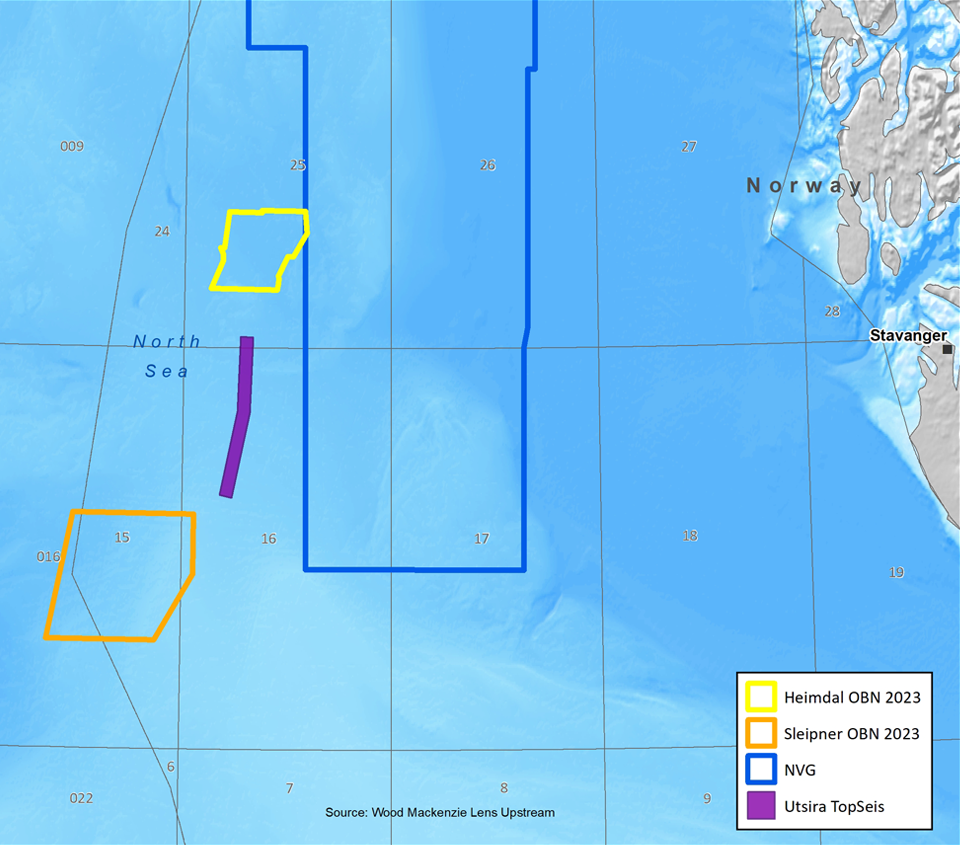 CGG data coverage map over the Southern Viking Graben - Sleipner OBN, Utsira OBN, Utsira TopSeis and NVG N-S which extends from the Northern Viking Graben 